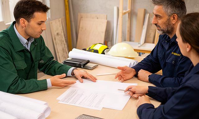 Pequeña empresa de reformas de Valencia revisando contratos laborales en su oficina
